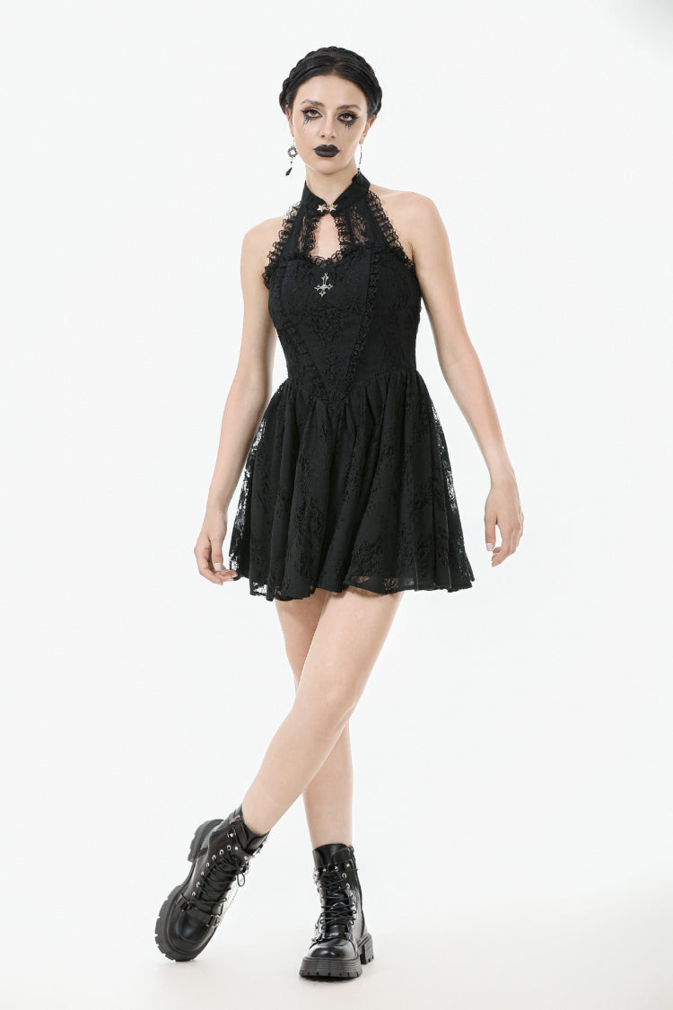 Black Off Shoulder Halterneck Sleeveless Lace Women's Gothic Short Dress