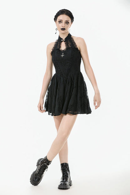 Black Off Shoulder Halterneck Sleeveless Lace Women's Gothic Short Dress