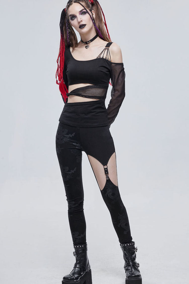 Black Gothic Off-The-Shoulder Asymmetrical Design Small Skull Decoration Long Sleeve Women's Shirt