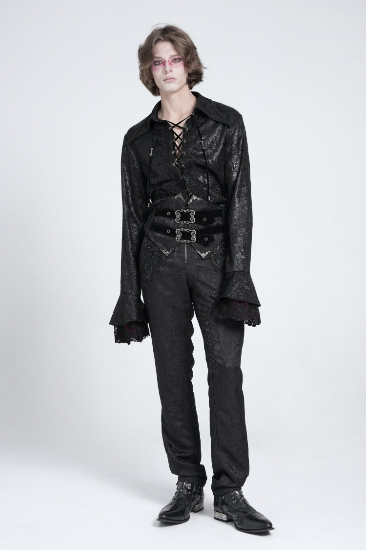Black Long Trumpet Sleeves Lace-Up Men's Gothic Swallow-tailed Blouse