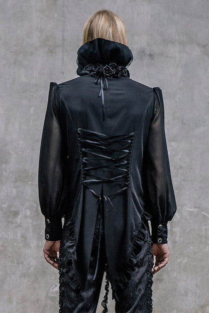 Black High Collar Lace Up Dovetail Hem Mens Gothic Blouse