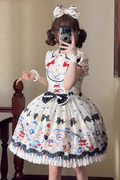 Beige [Mystery Rabbit Tea Party] Sleeveless Print Ruffle Bowknot Lace Sweet Lolita Jsk Dress