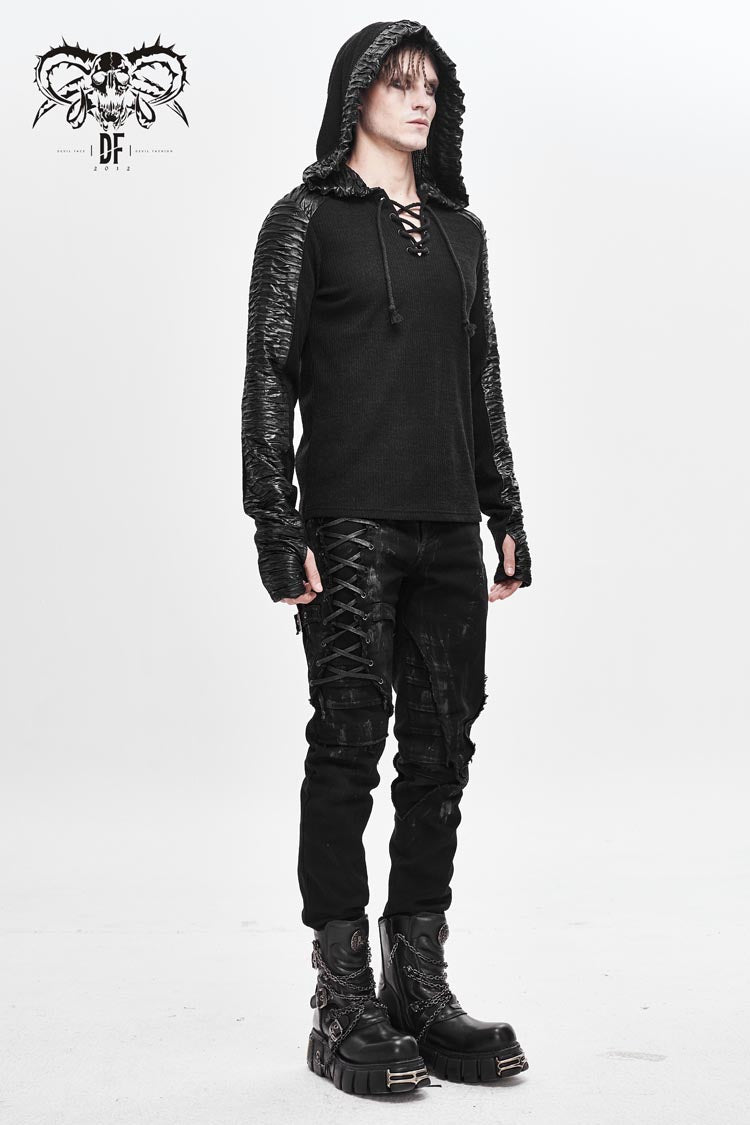 Black Chest Lace Up Vertical Stripes Woolen Splice Bright Crimped Fabric Hooded Men's Punk T-Shirt