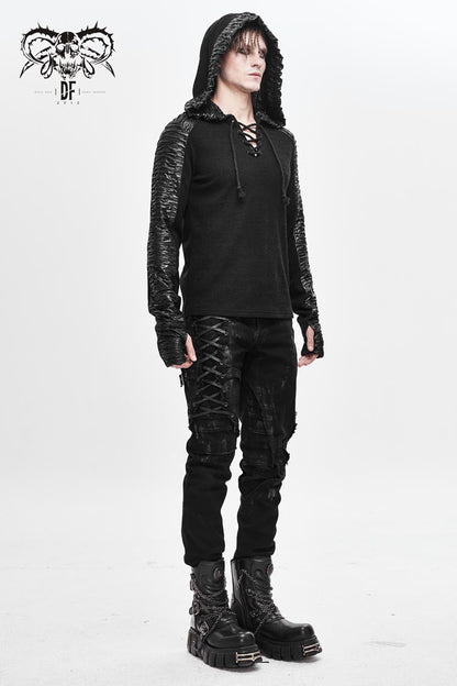 Black Chest Lace Up Vertical Stripes Woolen Splice Bright Crimped Fabric Hooded Men's Punk T-Shirt