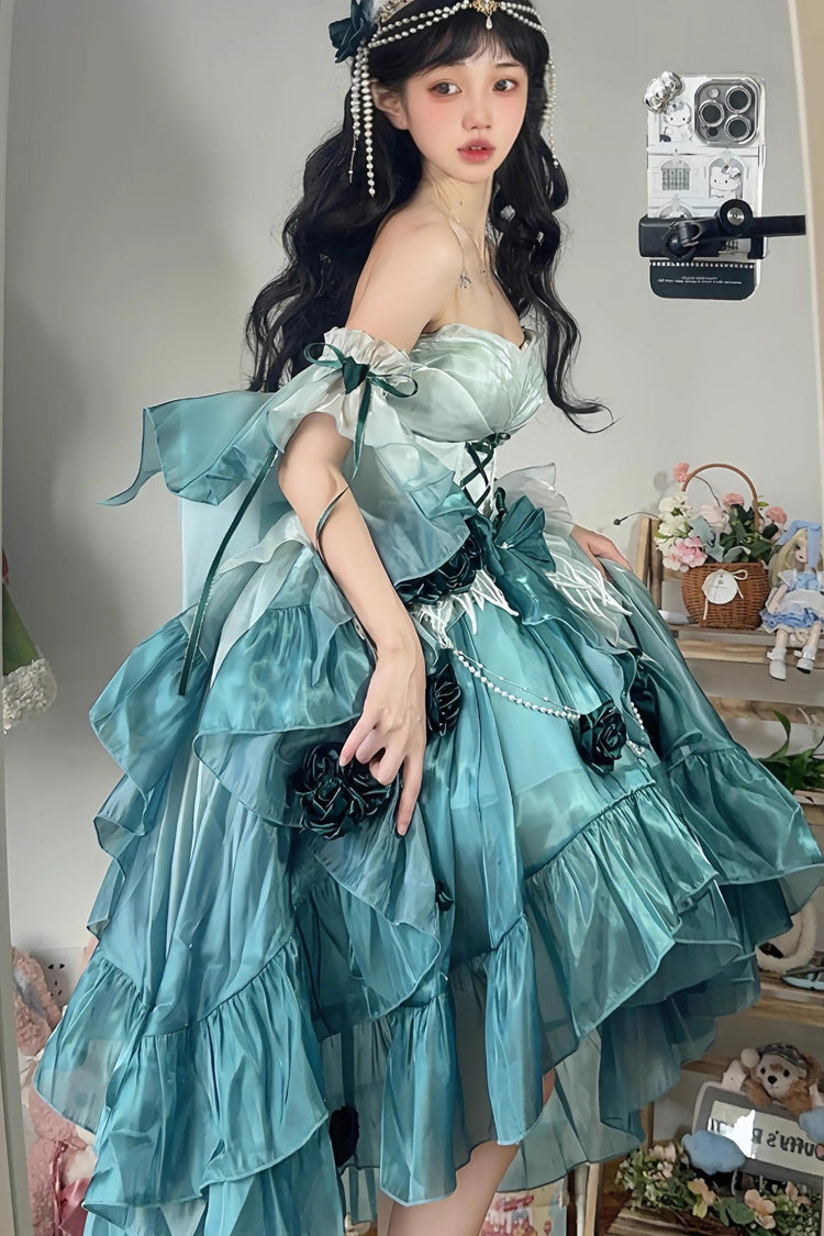 Amber Green [Swan Wonderland] Embroidery Bowknot Lace-Up Short Front Long Back Irregular Sweet Ballet Lolita Jsk Dress