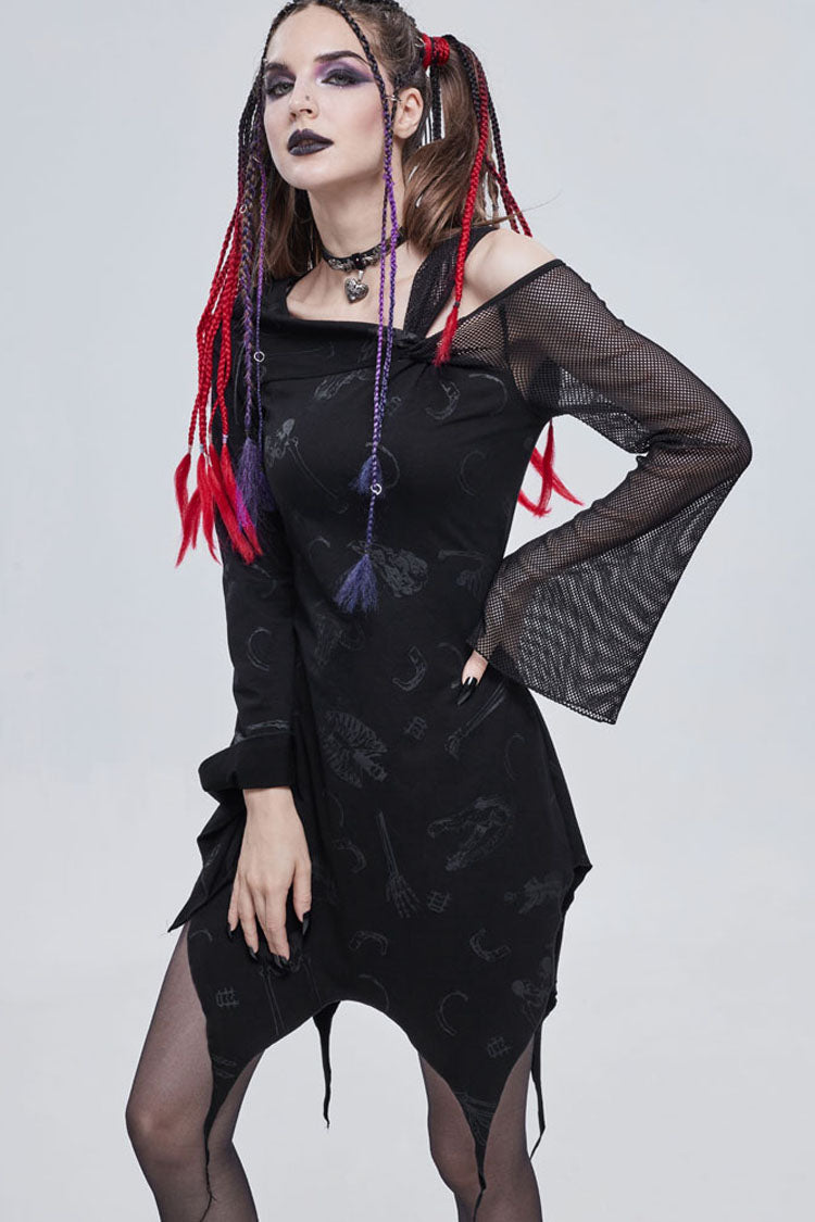 Black Gothic Off-The-Shoulder Graphic-Print Asymmetric Design Splicing Mesh Women's Dress
