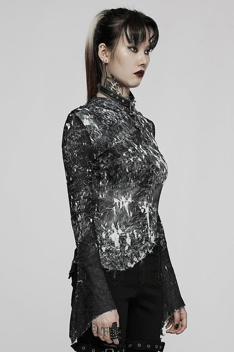 Black /White Punk Pleated Half Turtleneck Irregular Sexy Long Sleeve Lightweight Women's T-Shirt