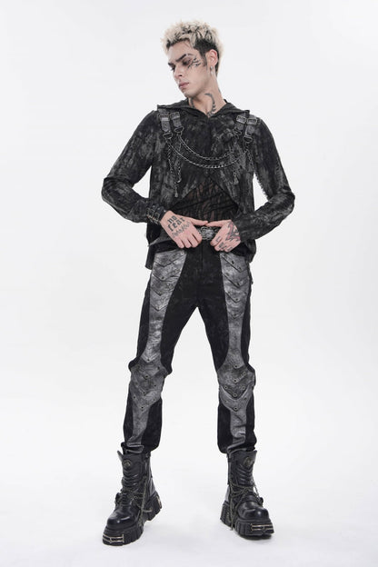 Black Long Sleeves Spliced Hooded Mesh Ripped Faux Two-Piece Zippered Eyelet Men's Punk T-Shirt