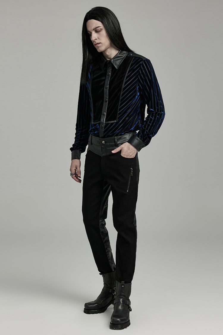 Black Faux Leather Stitching Zipper Men's Punk Pants
