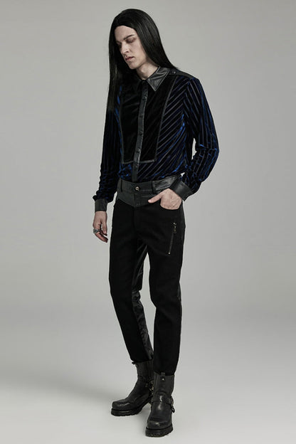 Black Faux Leather Stitching Zipper Men's Punk Pants