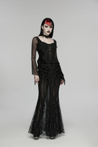 Black Embroidered Spliced Ruffled Lace Slim Mesh Women's Gothic  Mermaid Skirt