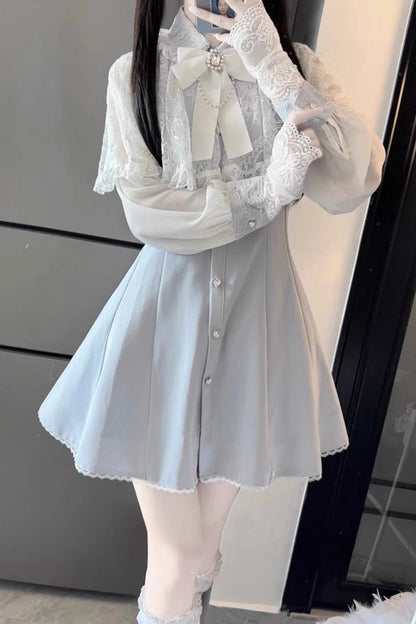 Aqua Shawl Lace Chiffon Long Sleeves Lace Slim Jirai Kei Dress