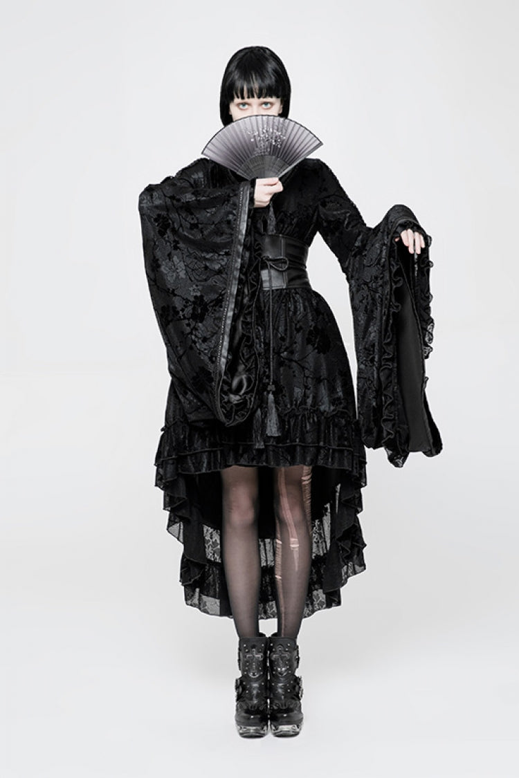 Black Long Sleeves Print Ruffle Women's Gothic Kimono Dress