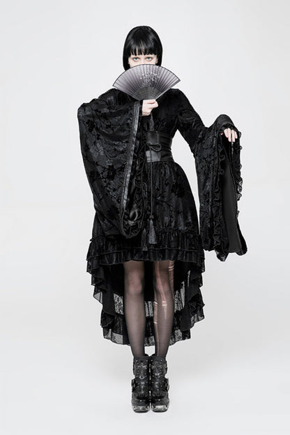 Black Long Sleeves Print Ruffle Women's Gothic Kimono Dress