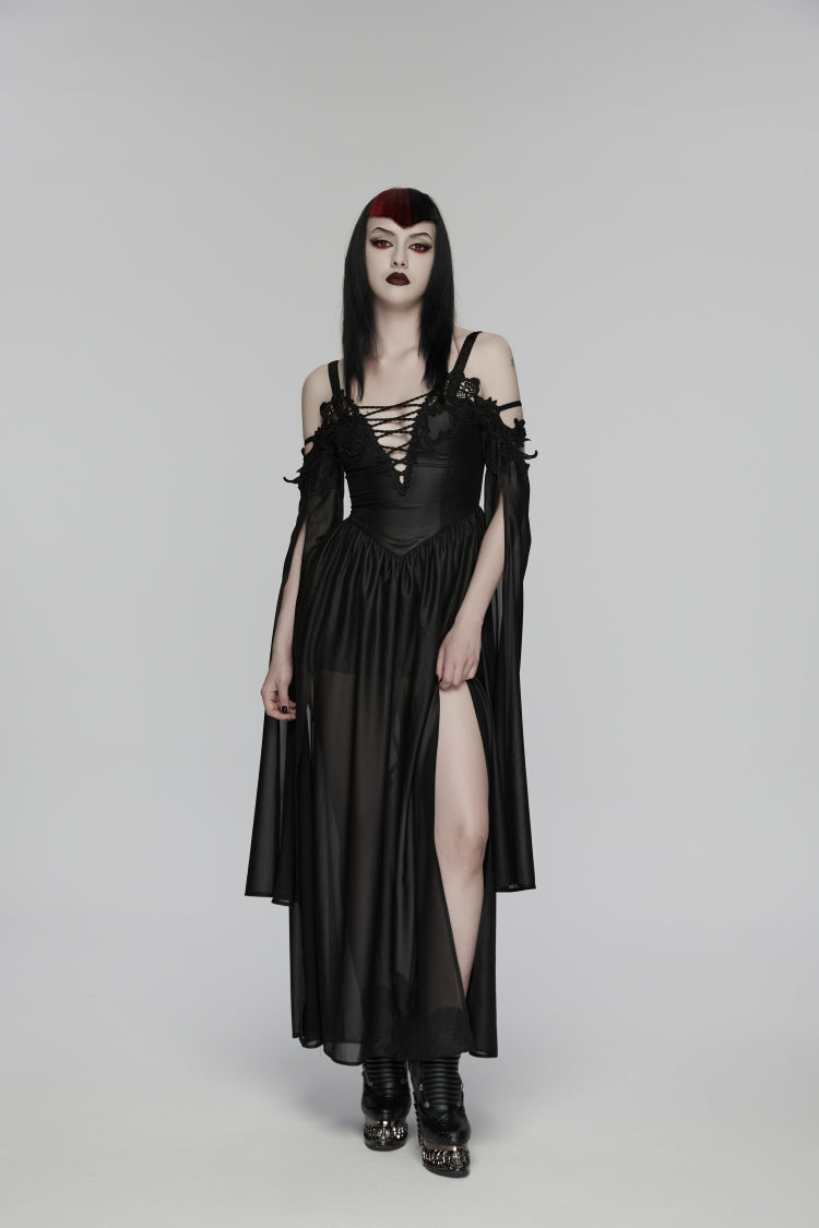 Black Off Shoulder Long Sleeves Embroidered Lace-Up Women's Gothic Elegant Dress Wedding Dress