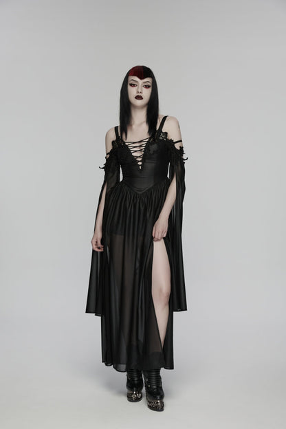 Black Off Shoulder Long Sleeves Embroidered Lace-Up Women's Gothic Elegant Dress Wedding Dress