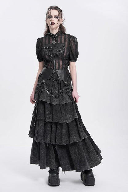Black Multi-Layered Lace-Up Chain Women's Punk Skirt