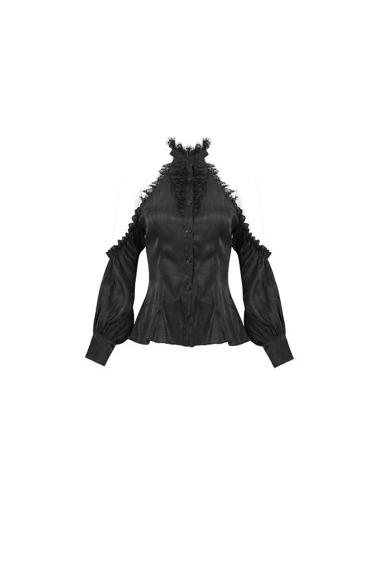 Black Lantern Sleeves Off The Shoulder Halter Lace Ruffled Women's Gothic Shirt
