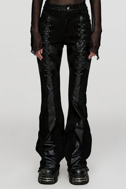 Black Metal Eyelets Faux Leather Stitching Mesh Women's Steampunk Pants