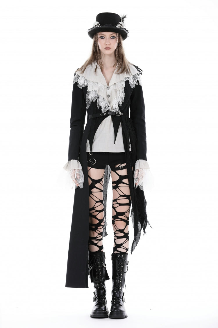 Black Peak Lapel Collar Long Sleeves Irregular Distressed Women's Gothic Punk Coat with Belt