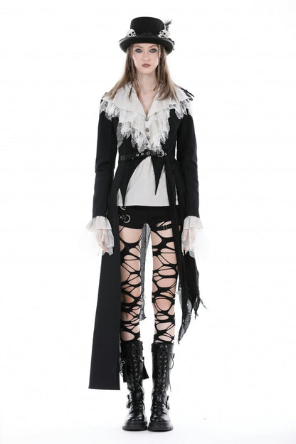 Black Peak Lapel Collar Long Sleeves Irregular Distressed Women's Gothic Punk Coat with Belt