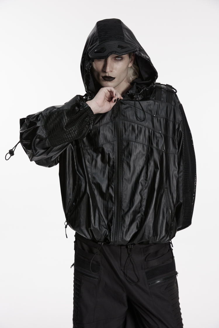 Black Lapel Collar Long Lantern Sleeves Lace-Up Hooded Mesh Zippered Men's  Punk Cool Jacket