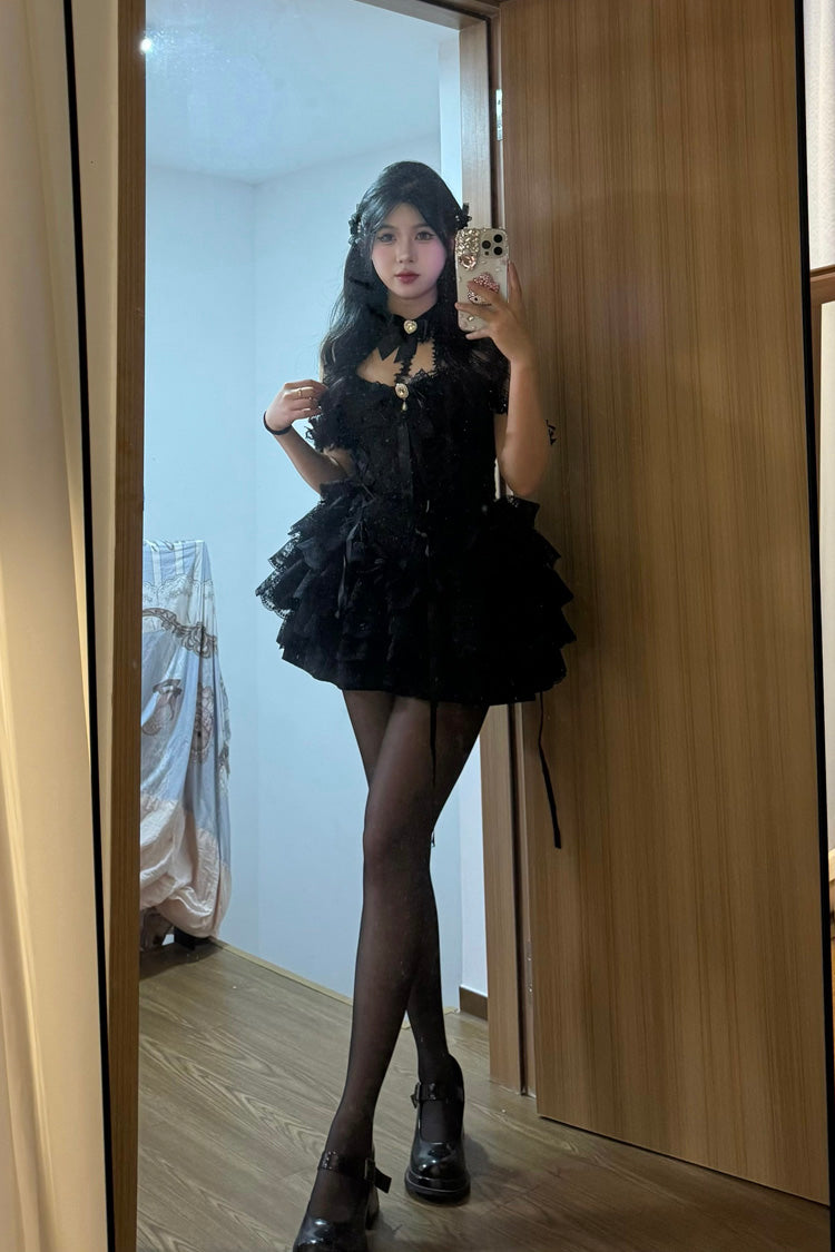 Black Multi-layer Ruffle Hanayome Bowknot Lace Gothic Mini Lolita Skirt Dress
