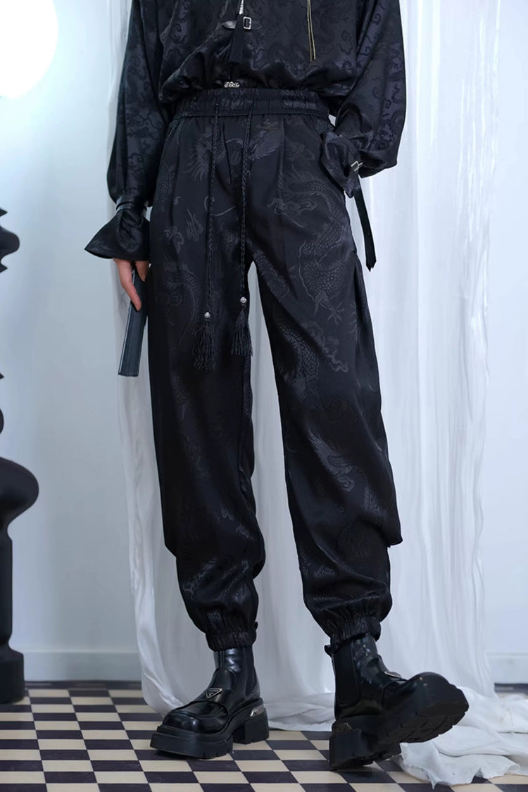 Black Dragon-Pattern Jacquard Printed Ouji Gothic Chinese Style Handsome Lolita Tassel Pants