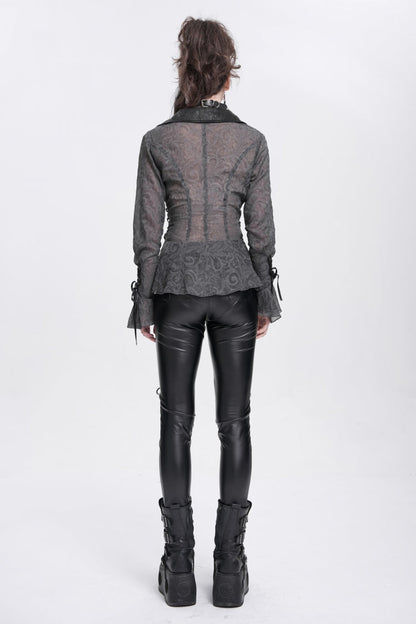 Black Long Sleeves Embroidery Lace-Up Irregular Sheer Women's Gothic Blouse