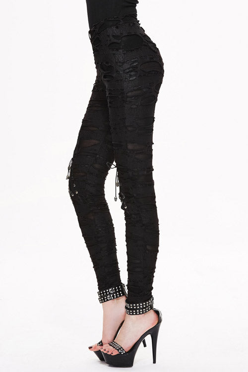 Black Leather Broken Holes Coated Knit Womens Pants