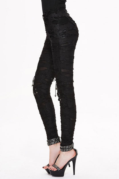 Black Leather Broken Holes Coated Knit Womens Pants