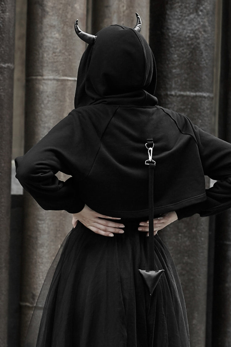 Black Demon Horn Decoration Long Sleeves Lace-Up Hooded Women's Gothic Coat