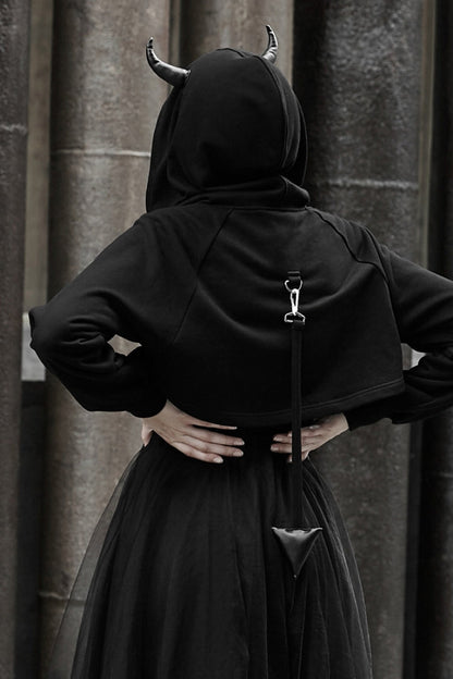 Black Demon Horn Decoration Long Sleeves Lace-Up Hooded Women's Gothic Coat