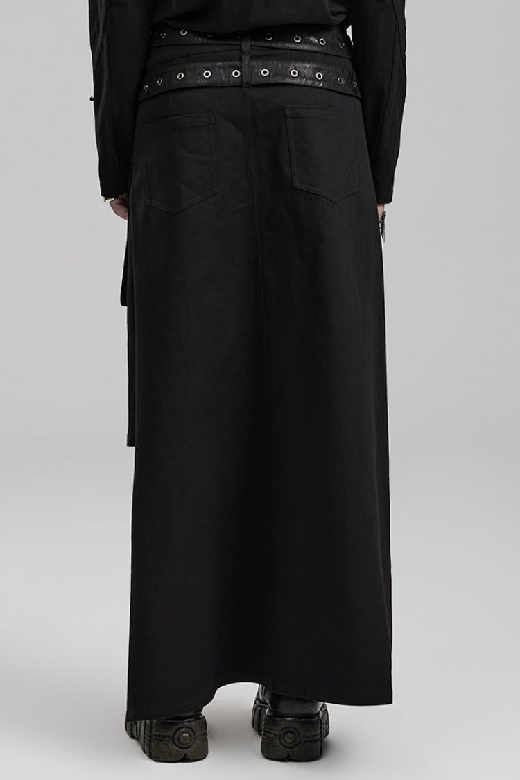 Black Buckle Belt Asymmetric Men's Steampunk Skirt with Side Pockets