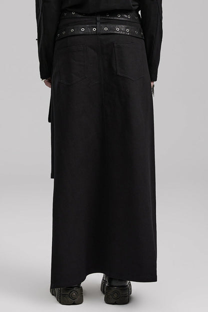 Black Buckle Belt Asymmetric Men's Steampunk Skirt with Side Pockets
