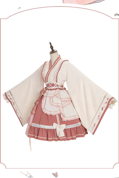 Beige/Pink Wide Sleeved Multi-Layered Ruffle Sweet Lolita OP Dress