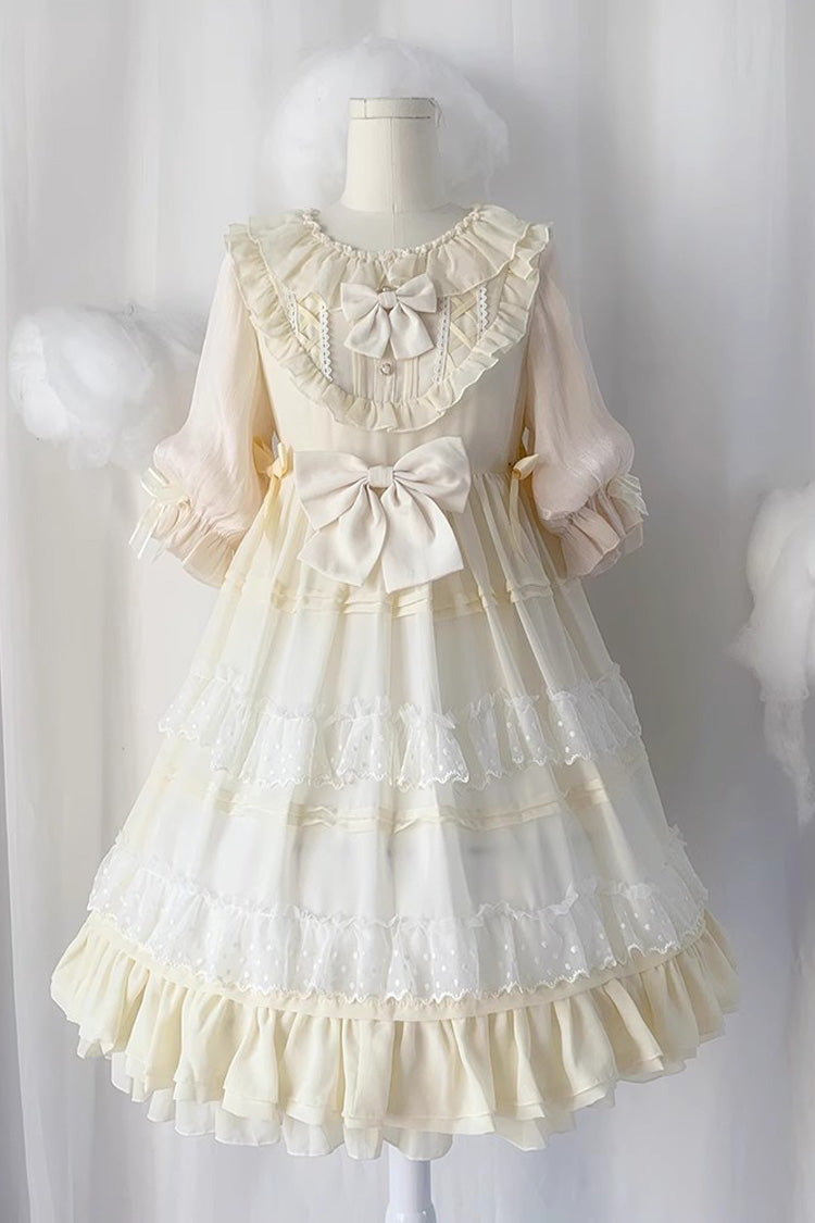 Beige Lace Cool Angel Short Sleeves Bowknot Ruffle Sweet Lolita Dress