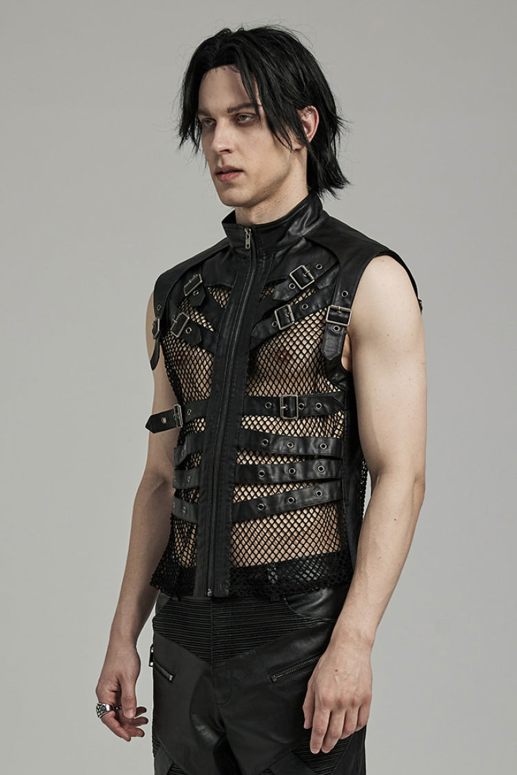 Black Multi-buckles Hollow Mesh Faux Leather Men's Punk Vest