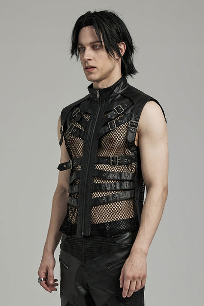 Black Multi-buckles Hollow Mesh Faux Leather Men's Punk Vest