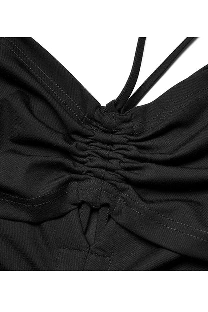 Black Knitted Stretch Hollow-Carved Design Drawstring Bodycon Shoulder Strap Halter Neck Women's Punk Dress