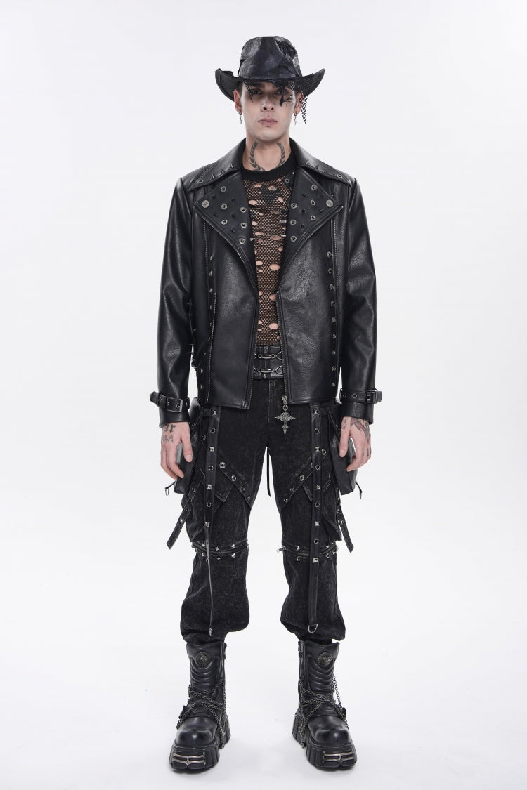 Black Lapel Collar Long Sleeves Studded Buckled Zippered Eyelet Women's Punk Jacket
