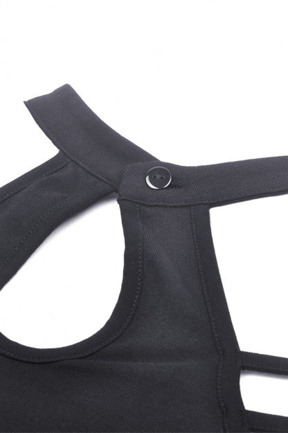 Black Off Shoulder Long Sleeves Cut-Out Buckled Women's Punk Blouse