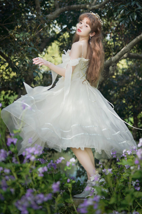 Beige Small Ballet High Waisted Bowknot Chiffon Short Version Sweet Lolita JSK Dress