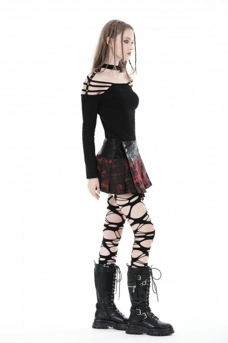 Black Off Shoulder Long Sleeves Cut-Out Buckled Women's Punk Blouse