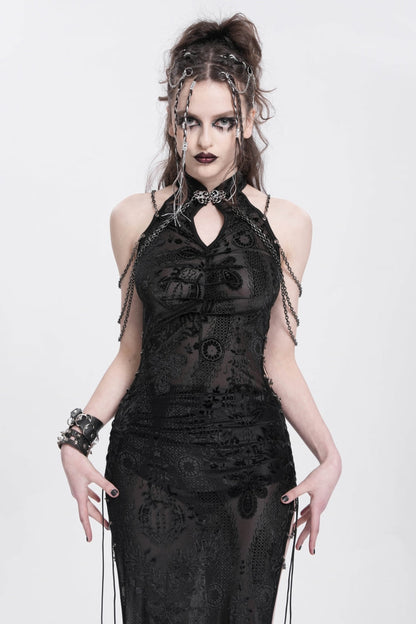 Black Halterneck Sleeveless Cheongsam Collar Side Slit Embroidery Women's Gothic Dress