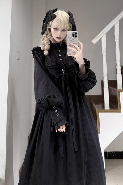 Black Long Sleeves Ruffle Bowknot Lace Gothic Lolita Home Wear Nightdress