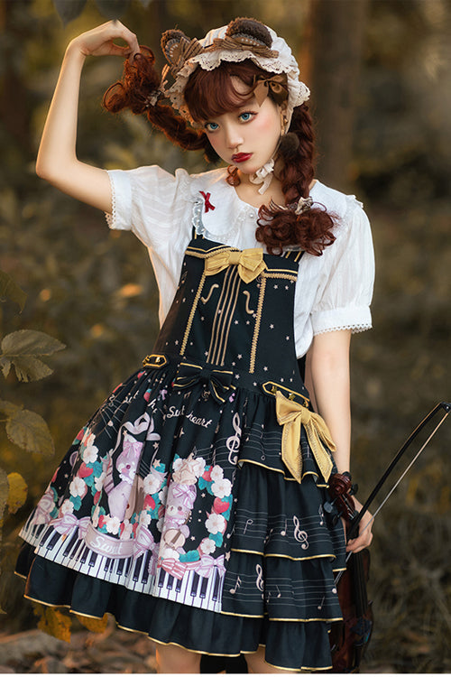Black Multi-Layer Ruffled Note Bear Print Sweet Lolita JSK Dress