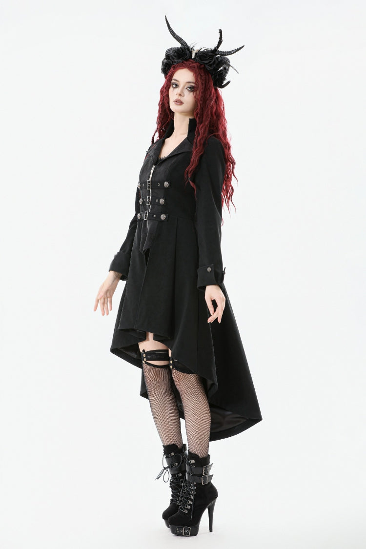 Black Lapel Collar Long Sleeves Lace-Up Irregular Bouble-breasted Buckle-up Women's Gothic Coat