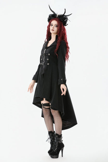 Black Lapel Collar Long Sleeves Lace-Up Irregular Bouble-breasted Buckle-up Women's Gothic Coat