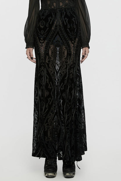 Black Embroidery Lace-Up Sheer Mesh Women's Gothic Skirt